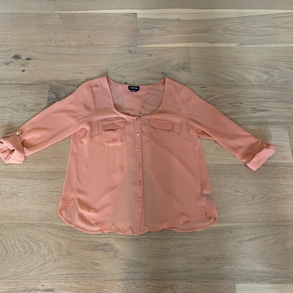 Bebe Sheer Peach Button Front Top w Open Split Backing Size Medium - Picture 5 of 9